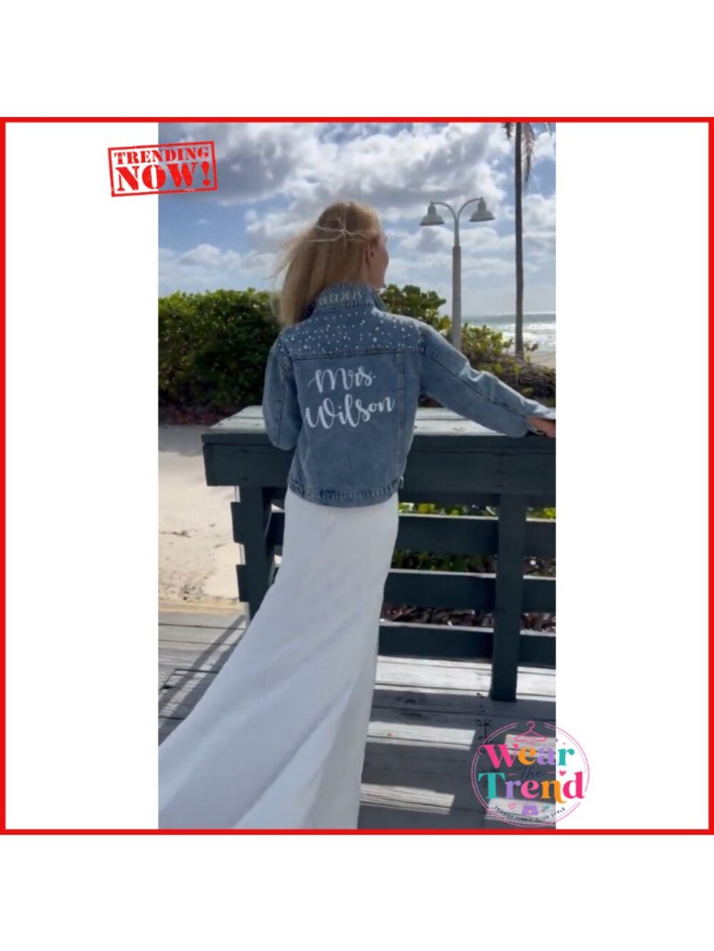 Oversized Denim Jacket Embroidered Pearls Beading Trucker Coat - Picture 6 of 6